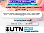 Inscripciones abiertas Mesas Especiales (Octubre 22)